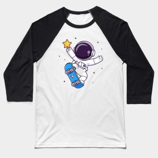 Cute Astronaut Playing Skateboard With Star Cartoon Baseball T-Shirt